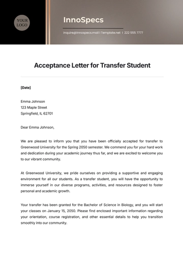Free Acceptance Letter for Transfer Student Template to Edit Online