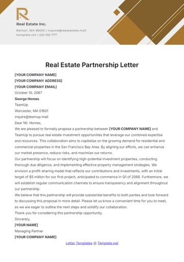 Free Real Estate Partnership Letter Template to Edit Online