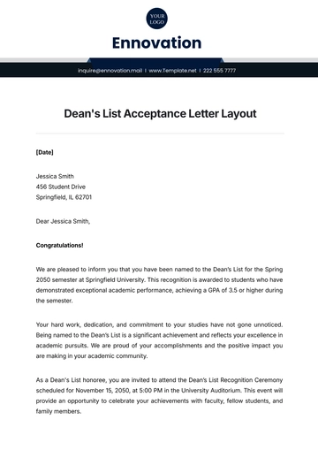 Free Dean's List Acceptance Letter Layout Template to Edit Online