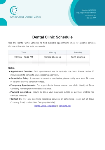Free Dental Clinic Schedule Template to Edit Online
