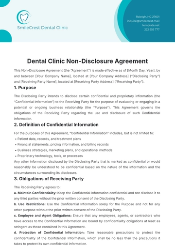 Free Dental Clinic Non-Disclosure Agreement Template to Edit Online