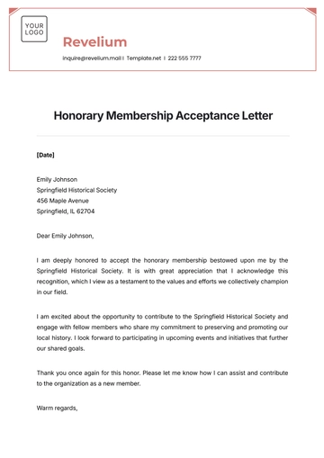 Free Honorary Membership Acceptance Letter Template to Edit Online