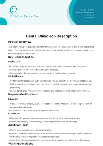 Free Dental Clinic Job Description Template to Edit Online