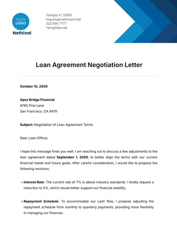 Free Loan Agreement Negotiation Letter Template to Edit Online
