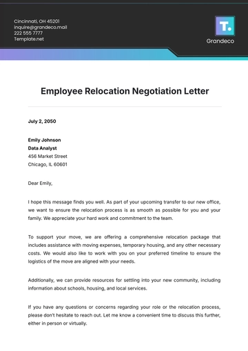 Free Employee Relocation Negotiation Letter Template to Edit Online