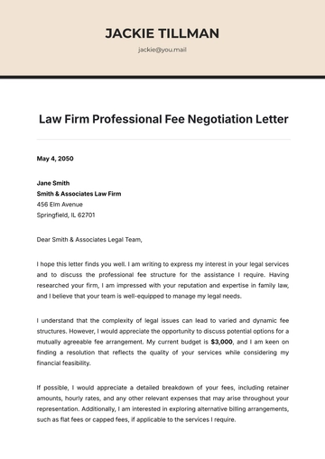 Free Law Firm Professional Fee Negotiation Letter Template to Edit Online