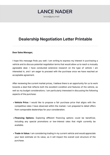 Free Dealership Negotiation Letter Printable Template to Edit Online