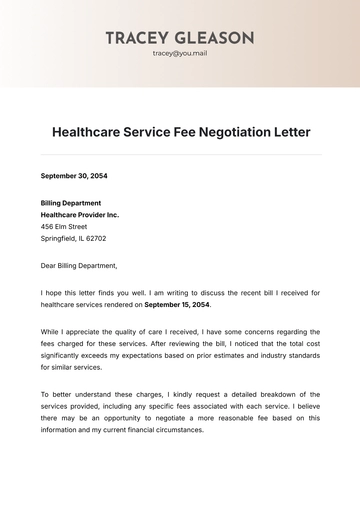 Free Healthcare Service Fee Negotiation Letter Template to Edit Online