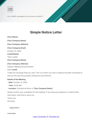 Free Simple Notice Letter Template to Edit Online