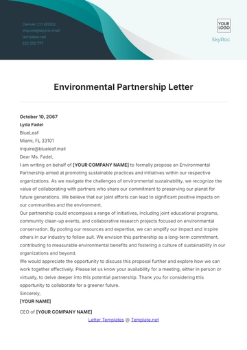 Free Environmental Partnership Letter Template to Edit Online