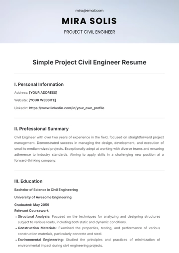 Free Simple Project Civil Engineer Resume Template to Edit Online