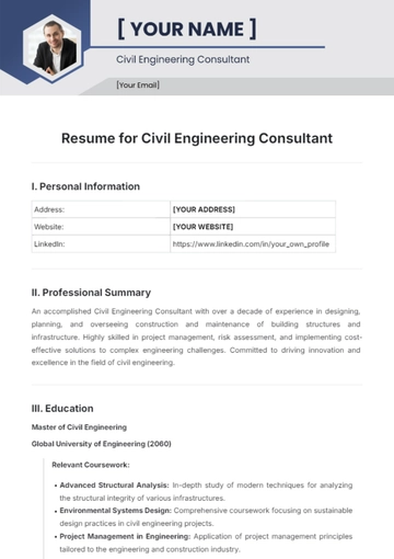 Free Resume for Civil Engineering Consultant Template to Edit Online