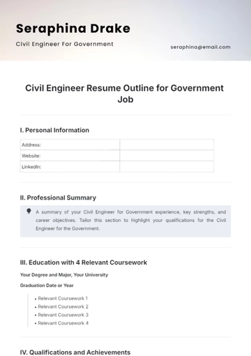 Free Civil Engineer Resume Outline for Government Job Template to Edit Online