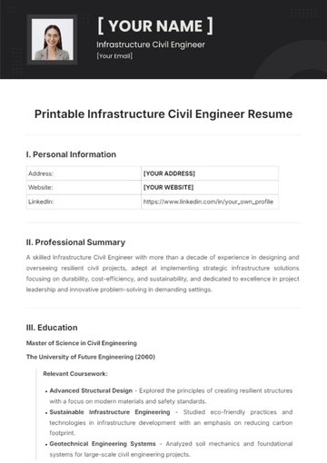 Free Printable Infrastructure Civil Engineer Resume Template to Edit Online