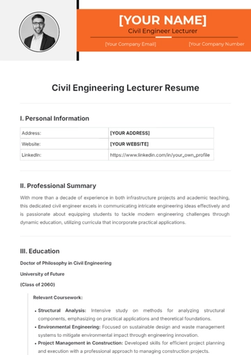 Free Civil Engineering Lecturer Resume Template to Edit Online