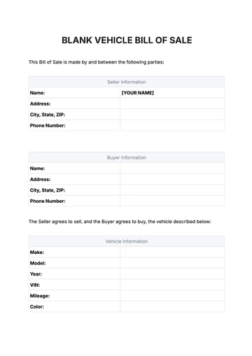 Free Blank Vehicle Bill of Sale Template to Edit Online