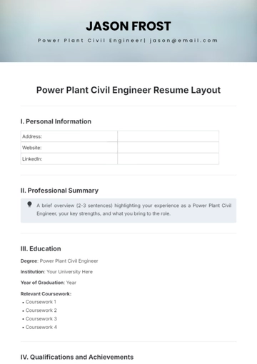 Free Power Plant Civil Engineer Resume Layout Template to Edit Online