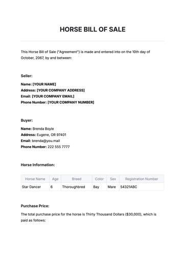 Free Horse Bill of Sale Template to Edit Online