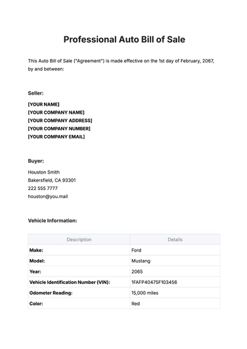 Free Professional Auto Bill of Sale Template to Edit Online