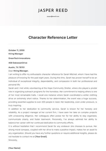 Free Character Reference Letter Template to Edit Online