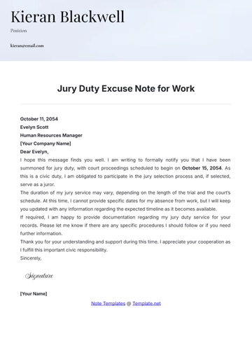Free Jury Duty Excuse Note for Work Template to Edit Online