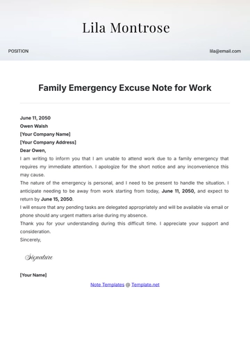 Free Family Emergency Excuse Note for Work Template to Edit Online