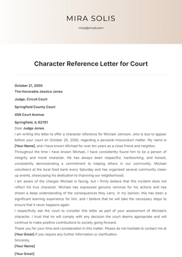Free Character Reference Letter for Court Template to Edit Online