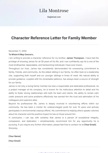 Free Character Reference Letter for Family Member Template to Edit Online