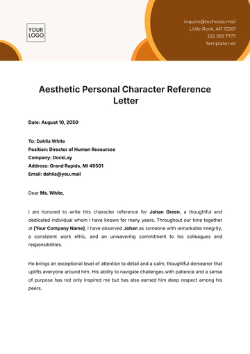 Free Aesthetic Personal Character Reference Letter Template to Edit Online