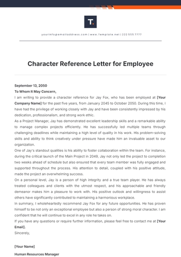 Free Character Reference Letter for Employee Template to Edit Online