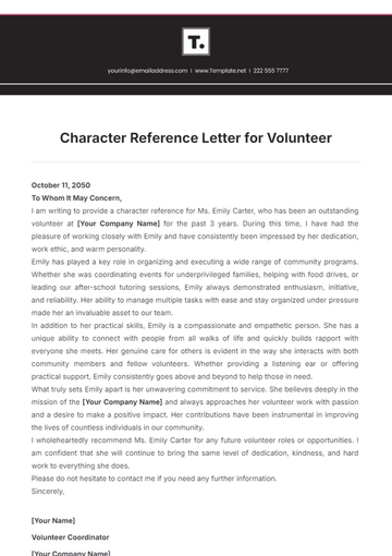 Free Character Reference Letter for Volunteer Template to Edit Online