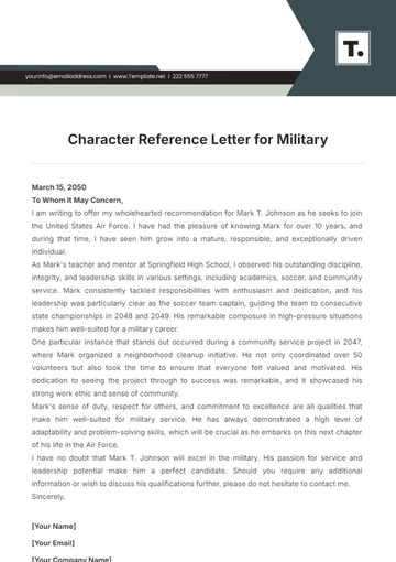 Free Character Reference Letter for Military Template to Edit Online