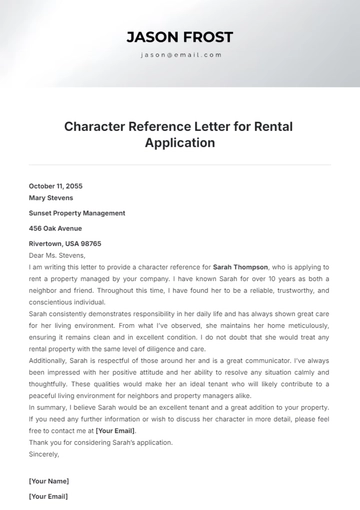 Free Character Reference Letter for Rental Application Template to Edit Online
