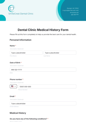 Free Dental Clinic Medical History Form Template to Edit Online