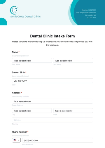 Free Dental Clinic Intake Form Template to Edit Online