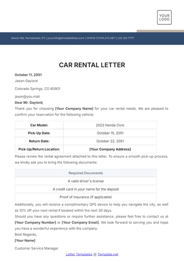 Free Car Rental Letter Template to Edit Online