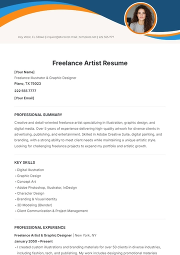 Free Freelance Artist Resume Template to Edit Online
