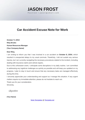 Free Car Accident Excuse Note for Work Template to Edit Online