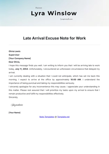 Free Late Arrival Excuse Note for Work Template to Edit Online