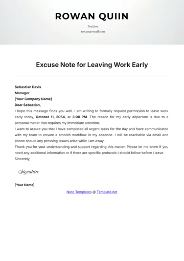 Free Excuse Note for Leaving Work Early Template to Edit Online