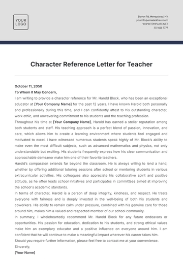 Free Character Reference Letter for Teacher Template to Edit Online