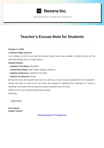 Free Teachers Excuse Note for Students Template to Edit Online