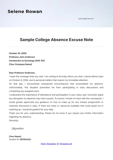 Free Sample College Absence Excuse Note Template to Edit Online