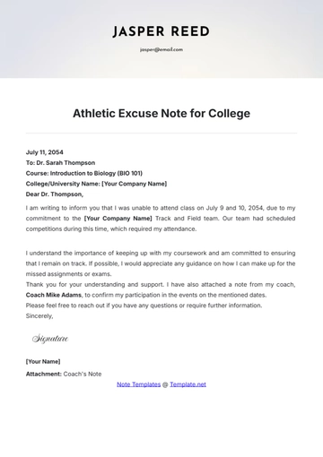 Free Athletic Excuse Note for College Template to Edit Online