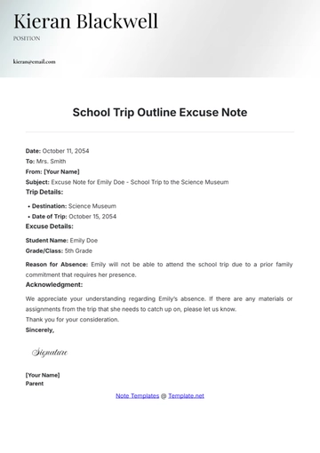 Free School Trip Outline Excuse Note Template to Edit Online