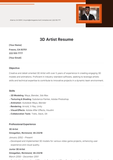 Free 3D Artist Resume Template to Edit Online