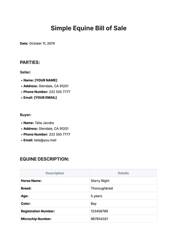 Free Simple Equine Bill of Sale Template to Edit Online