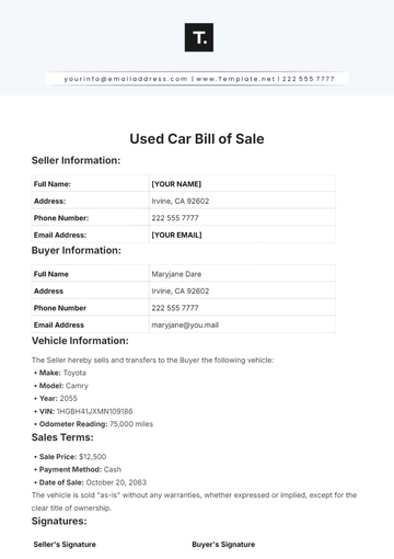 Free Used Car Bill of Sale Template to Edit Online