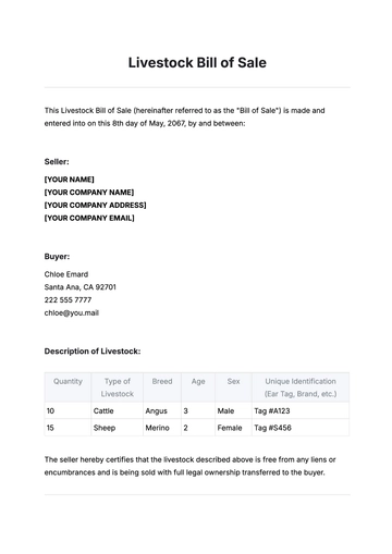 Free Livestock Bill of Sale Template to Edit Online