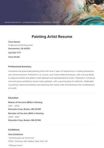 Free Painting Artist Resume Template to Edit Online